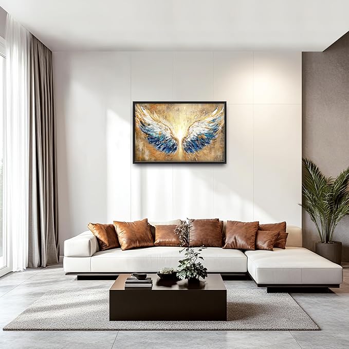 Extra Large Angel Wings Framed Wall Art for Living Room,Oversized Golden Wings Pictures Wall Decor,Holy Gold Blue Canvas Print Painting Modern Artwork Bedroom Office Bathroom 36L" x 24W"-PawvioPets