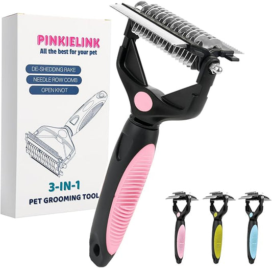 3-IN-1 Pet Grooming Tool - Undercoat Rake, Dematting Comb & Deshedding Brush for Cats & Dogs - Removes Mats, Tangles & Loose Fur, Reduces Shedding & Prevents Hair Mess (Pink)-PawvioPets
