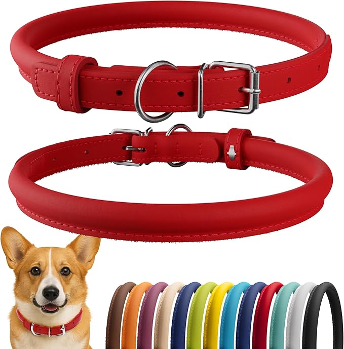CollarDirect Rolled Leather Dog Collar, Soft Padded Round Puppy Collar, Handmade Genuine Leather Collar Dog Small Large Cat Collars 13 Colors (13-16 Inch, Red Smooth)-PawvioPets