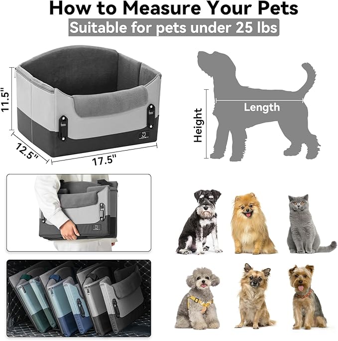 A4Pet Dog Car Seats for Small Dogs, Booster Car Seat with Patent Buckles & Clip-On Safety Leash, Pet Seat for Puppy Small Dogs Cats Under 25 Lbs, Grey-PawvioPets