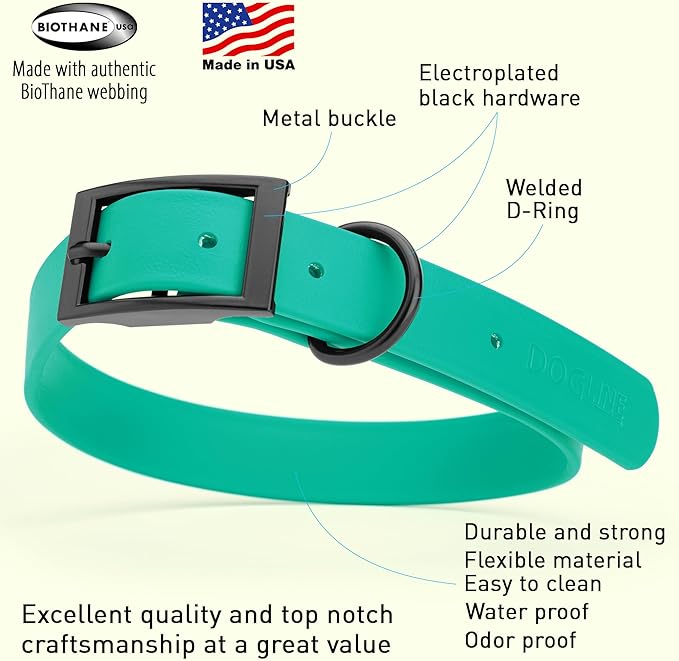 Dogline Biothane Waterproof Dog Collar Strong Coated Nylon Webbing with Black Hardware Odor- Proof for Easy Care Easy to Clean High Performance Fits Small Medium or Large Dogs, Teal-PawvioPets
