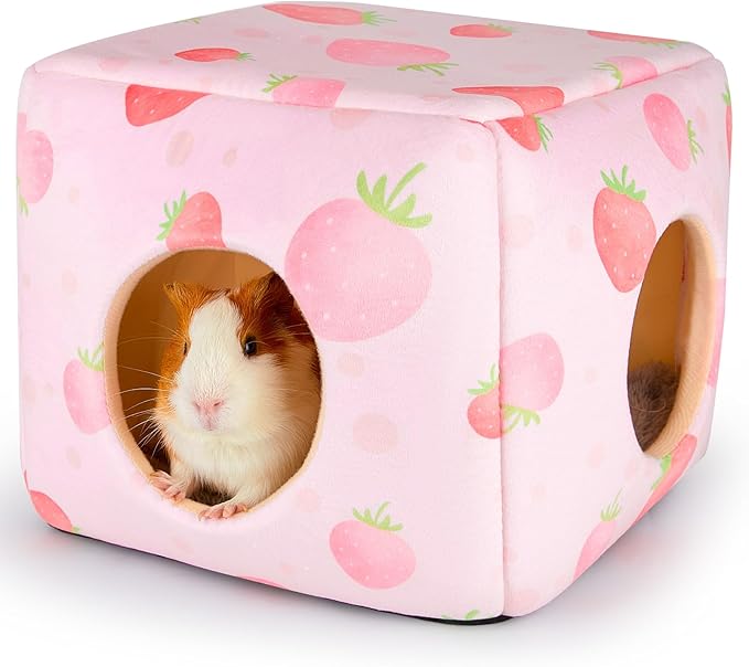 Bienbee Guinea Pig Hideout, Washable Guinea Pigs House Cozy Guinea Pigs Bed for Small Pet Bunny/Rabbit/Hamster/Chinchilla Guinea Pig Accessories Strawberry-PawvioPets