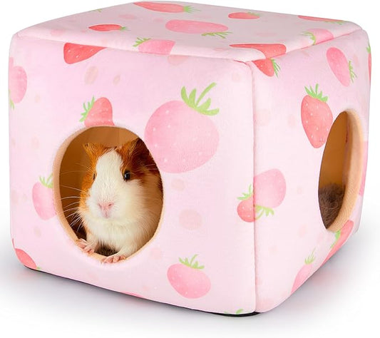 Bienbee Guinea Pig Hideout, Washable Guinea Pigs House Cozy Guinea Pigs Bed for Small Pet Bunny/Rabbit/Hamster/Chinchilla Guinea Pig Accessories Strawberry-PawvioPets