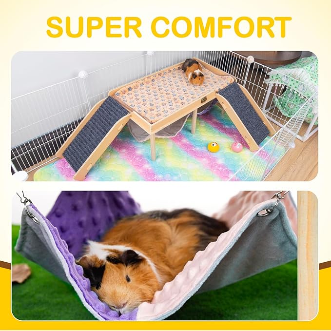 Enlarged Guinea Pig Hammock with Platform and Stairs,Wooden Foldable Piggies Hideout for Guinea Pigs Bunny Ferret Hamster Hiding Sleeping Activities 24L x 12W x 11H in（Double）-PawvioPets