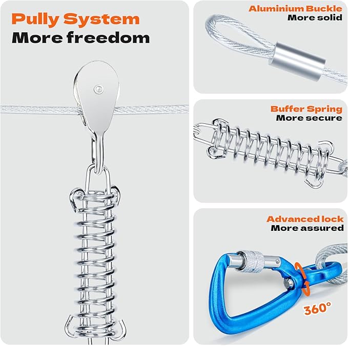 50ft Dog Runner for Yard Large Dog Heavy Duty with Double Shock Absorbers Tangle-Free Aerial Trolley System for Large Dogs Up to 250lbs(Orange)-PawvioPets