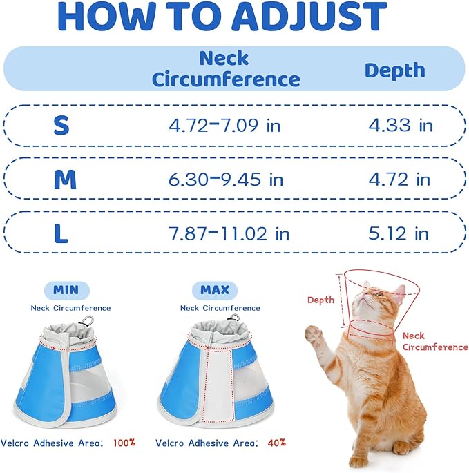 Breathable Air Mesh Cat Cone Collar Soft to Stop Licking, Adjustable, Foldable Lightweight Kitten Cones After Surgery Recovery for Cats & Kittens (Light Blue, S)-PawvioPets