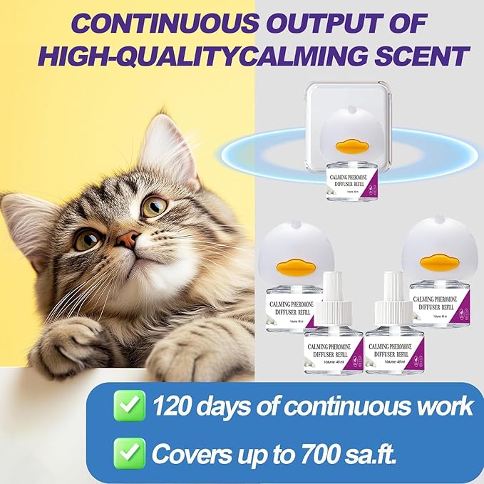 Cat Calming Diffuser, Cat Pheromones Calming Diffuser, Pheromone Dffuser to Calm Cats, Cat Calming Diffuser with 2 Diffuser + 4 Refill,120 Days for Cats Relief Stress Anxiety (Purple)-PawvioPets