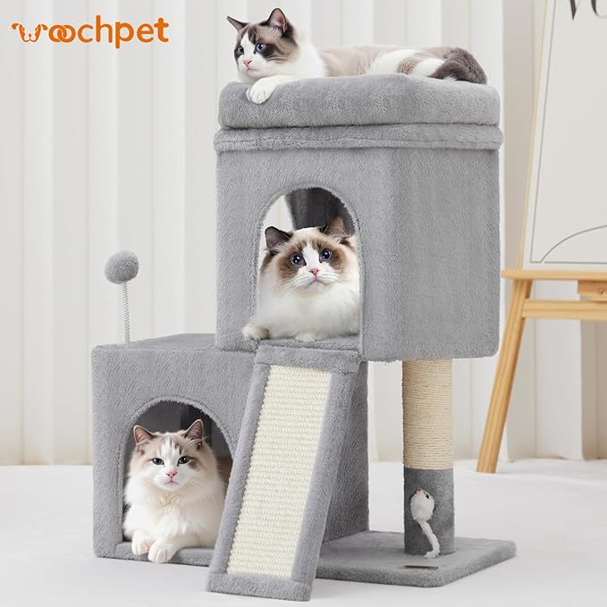 24inch Tall cat Tree with 2 cat condo and Mouse Toy Cozy Small cat Tower with Scratching Post and Board for Kitties and Small Cats.（Light Grey）-PawvioPets
