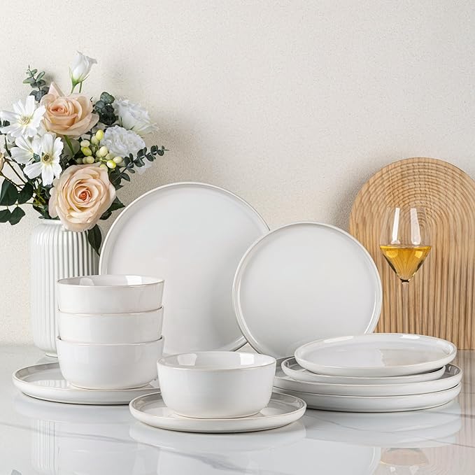 GBHOME Ceramic Dinnerware Sets for 4, 12 Pieces Stoneware Plates and Bowls Sets, Reactive Glaze Dishes -Scratch Resistant, Dishwasher&Microwave Safe-Star White-PawvioPets