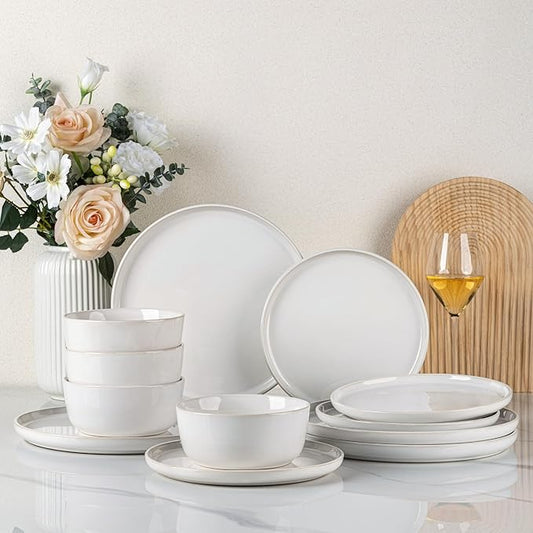 GBHOME Ceramic Dinnerware Sets for 4, 12 Pieces Stoneware Plates and Bowls Sets, Reactive Glaze Dishes -Scratch Resistant, Dishwasher&Microwave Safe-Star White-PawvioPets