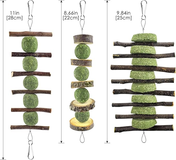 ERKOON Bunny Chew Toys, Rabbit Chew Toys for Teeth Grinding, Improve Dental Health, 100% Natural Apple Wood Timothy Grass Cake Treats for Rabbits Guinea Pigs Chinchillas Bunnies Hamsters (3 Pcs)-PawvioPets