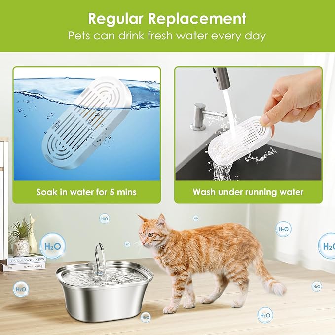 6 Pack Replacement Cat Fountain Filters & Replacement Sponges for Stainless Steel Pet Fountain with Water Level Window, Fountain Carbon Filters for Dog Water Dispenser Bowl-PawvioPets