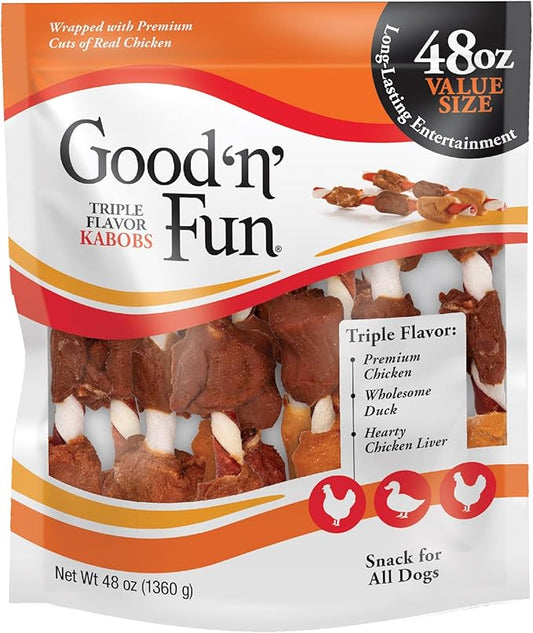 Good ‘n’ Fun Triple Flavor Kabobs Chews for All Dogs, 48 Ounces, Treat Your Dog to Chews Made from Beef Hide, Real Chicken, Pork Hide, Duck and Chicken Liver-PawvioPets