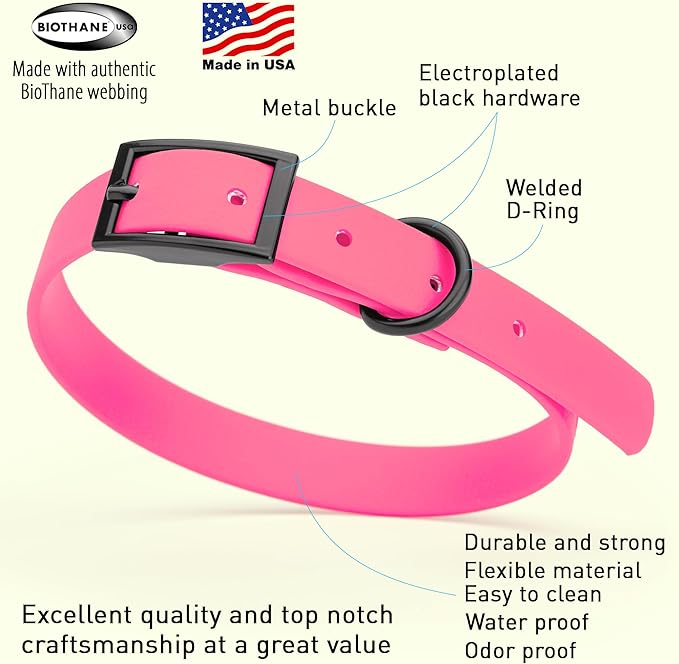 Dogline Biothane Waterproof Dog Collar Strong Coated Nylon Webbing with Black Hardware Odor- Proof for Easy Care Easy to Clean High Performance Fits Small Medium or Large Dogs, Passionfruit Pink-PawvioPets