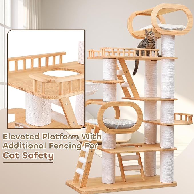 76.8'' Tall Modern Large Cat Tree,Multi-Level Wood Cat Tower for Indoor Cats Large Adults,Luxury Heavy Duty Cat Condo with Cushion,Scratching Posts,Clear Hammock Activity (76.8inch)-PawvioPets