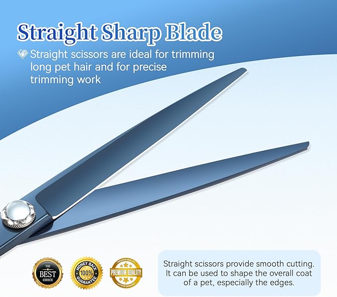 7 inch Matte Blue Straight Dog Grooming Scissors Professional 440C Stainless Steel Dog Shears Smooth Cutting Comfortable Grip and Easy to Use for Groomers and Home Use-PawvioPets