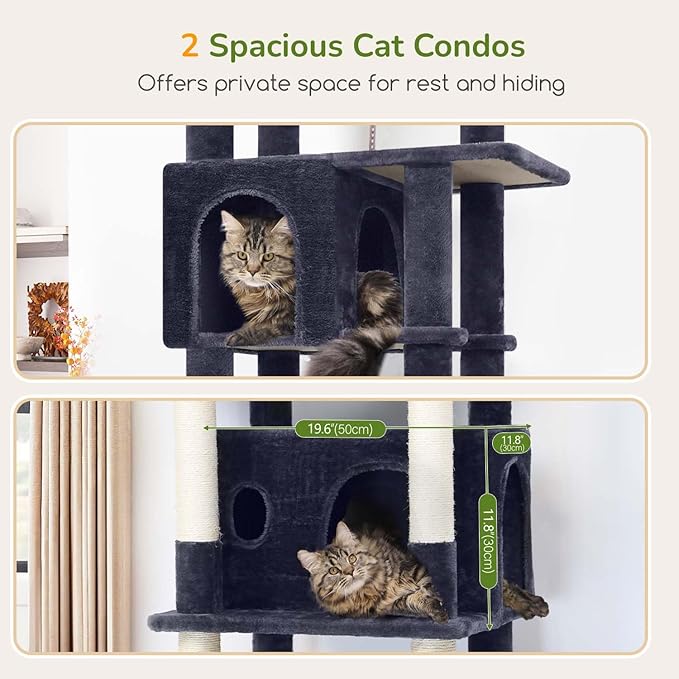 Globlazer Large Cat Tree Tower, Tall Cat Tree Condos for Indoor Cats Large Adult Cat Climbing Tower with 2 Spacious Caves, Oversized Top Perch, Big Hanging Basket, Cat Teaser Wand, F74B, Dark Grey-PawvioPets