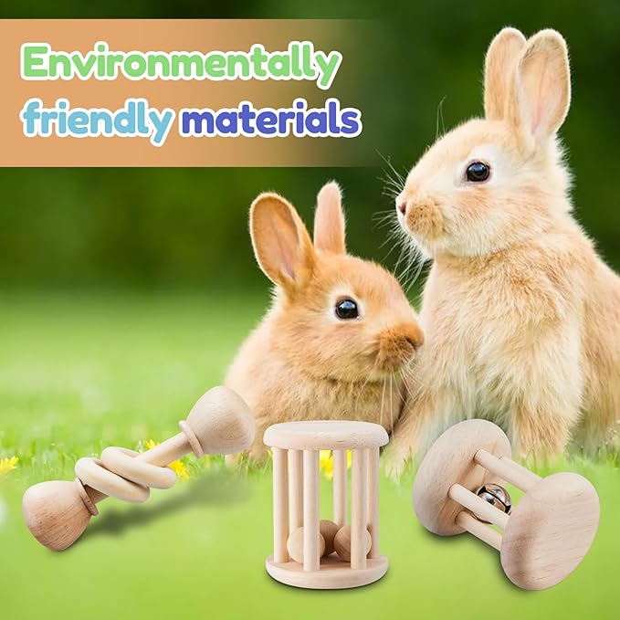 3 Pcs Wooden Bunny Toys - Safe Rabbit & Guinea Pigs Teeth Grinding Toys for Chinchillas, Hamsters & Small Animals - Indoor & Outdoor-PawvioPets