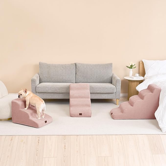 EHEYCIGA Curved Dog Stairs Ramp for High Beds 19.7" H, 4-Step Dog Steps for Small Dogs and Cats, Pet Stairs for High Bed Climbing, Non-Slip Balanced Pet Step Indoor, Dusty Pink-PawvioPets