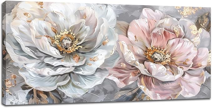Extra Large Flower Wall Art Pink and White Floral Canvas Living Room Golden Pictures Framed Prints Oversize Wall Decor Big Painting Artwork for Bedroom Dining Office Home 60"x30"-PawvioPets