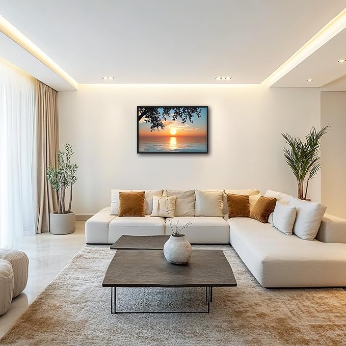 Framed Large Lake Sunset Wall Art, Oversized Natural Landscape Wall Decor for Living Room, Tree Leaves Canvas Painting Pictures Home Decoration for Living Room Bedroom Office 36"x24"-PawvioPets