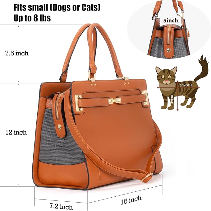 Fashion Pet Carrier Dog Cat Carrier Purse Soft-Sided Leather Handbag Pet Tote Bag for Small Dogs Puppy and Cats TSA Airline Approved (Brown)-PawvioPets