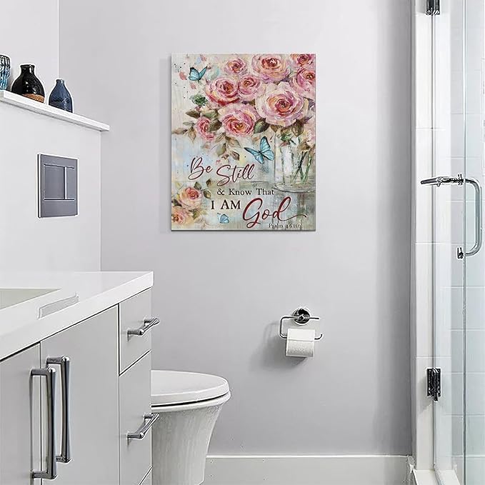 Farmhouse Rose Wall Art Christian Scripture Pictures Pink Rose Wall Decor Rustic Floral Butterfly Canvas Print Painting Artwork for Bathroom Living Room Bedroom 16"x20"-PawvioPets