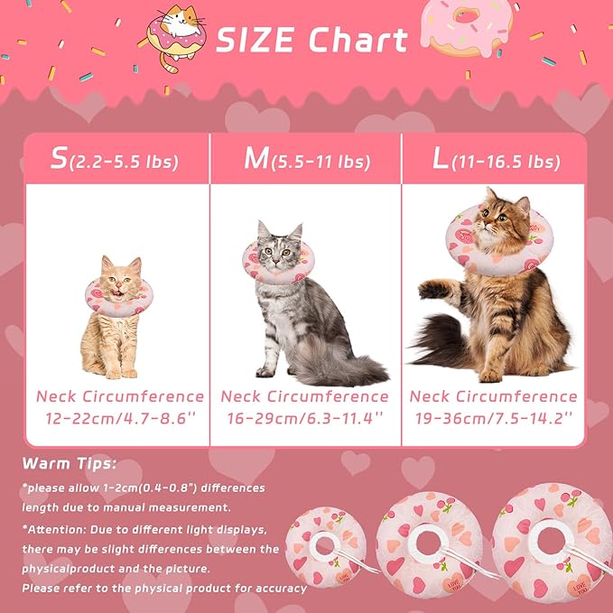 Cat Cone Soft Collar - Adjustable Recovery E Collar for Small, Medium, Large Cats - Cute Donut After Surgery, Anti-Lick Wound Healing Elizabethan for Kittens (Pink Heart, Medium)-PawvioPets