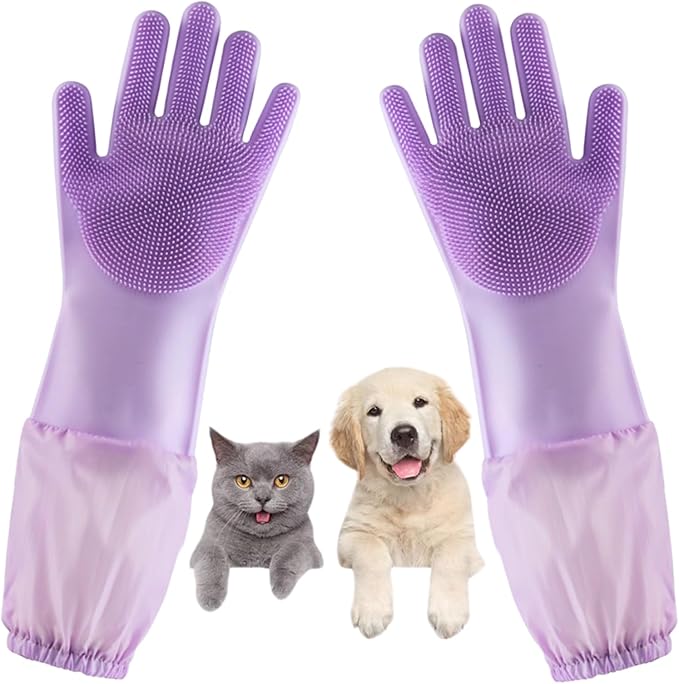 Dog Washing Gloves, Pet Grooming Gloves with Soft Brushes, Bathing and Massaging for Dogs and Cats, Silicone Heat Resistant Cleaning Gloves with High-Density Teeth (Purple)-PawvioPets