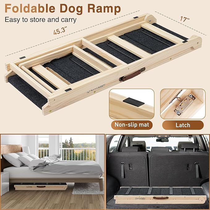 2025 Upgraded Dog Steps for Bed & Couch - 2-in-1 Dog Stairs/Ramp for Small to Large Breeds - 45.3" Long Adjustable 14"-26" Up to 200LBS - Folding Portable Wooden Pet Stairs for high Bed Couch Car-PawvioPets