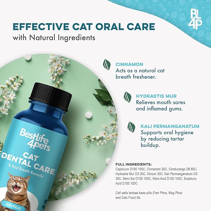 Cat Dental Supplement for Bad Breath, Tartar & Gum Support – Natural Oral Tablets for Fresh Breath, Teeth & Gum Wellness and Plaque Control – Odorless & Tasteless – 400 Easy-to-Give Pills-PawvioPets