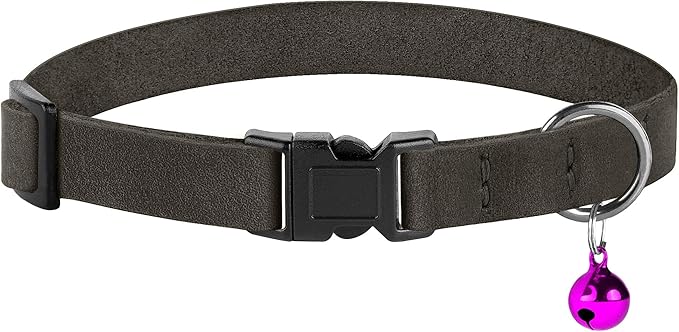 Breakaway Cat Collar Leather with Removable Bell - 13 Colors Available - Soft Adjustable Girl Boy Safety Lightweight Pet Kitten Collars Pink Brown Blue Green Red Orange Black (Graphite)-PawvioPets