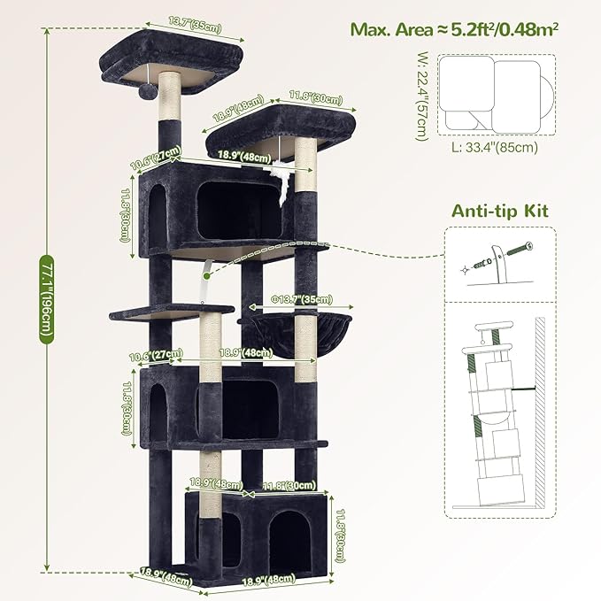 Globlazer Sturdy Cat Tree for Large Cats, 77 inch Large Cat Climbing Tower for Indoor Adult Cats, Cat Scratching Tower with 5 Scratching Posts, 3 Cat Condos, 2 Top Perches, S77, Dark Grey-PawvioPets