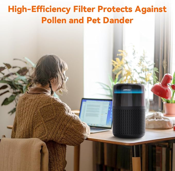 AIRROMI Air Purifier for Bedroom Home,HEPA Filter,Covers Upto 549 Ft²,Quiet 360°intake Air Cleaner with Fragrance ponge for Better Sleep,Night Light,Filters Smoke,Pet Dander,Allergies,Dust,A2005 Black-PawvioPets