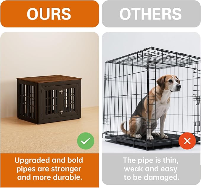 32" Heavy Duty Dog Crate Furniture for Small,Medium and Large Dogs,Rustic Wooden Dog Cage Kennel Indoor Furniture with Waterproof Top,Decorative Pet House Side End Table (Black & Wood)-PawvioPets