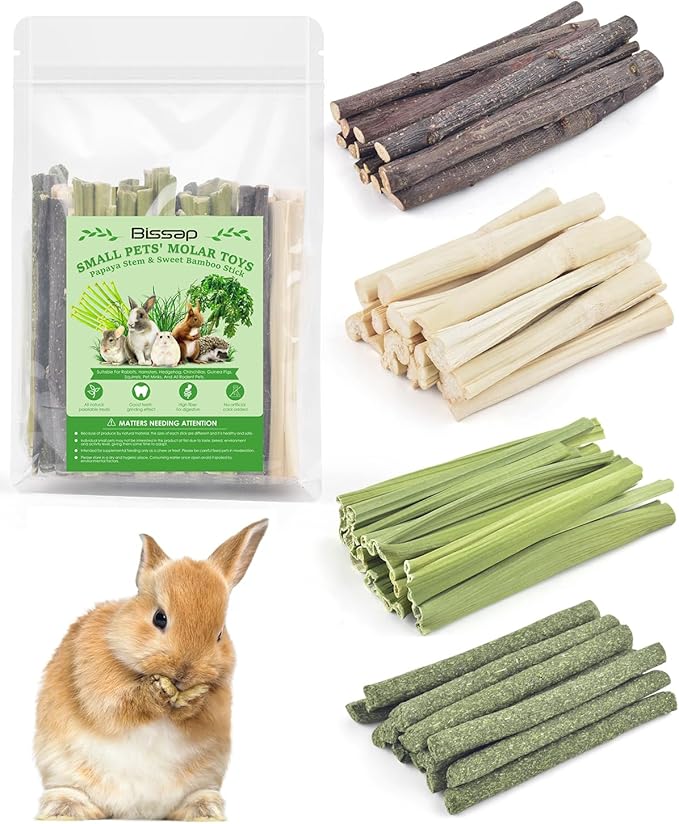 Bissap 60 PCS Rabbit Chew Sticks, Sweet Bamboo Timothy Hay Chew Stick Papaya Stems Apple Branch Bunny Chews for Rabbit Hamster Chinchilla Guinea Pig Small Pet Natural Molar Treats-PawvioPets
