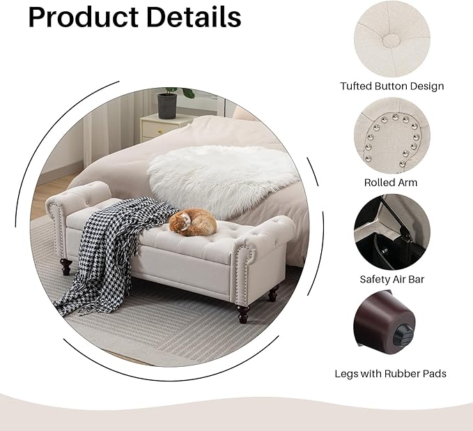 58.1'' Storage Bench Upholstered Linen End of Bedroom Bed Bench Ottoman with Tufted Cushioned Rolled Arm Large Storage Space for Reading Living Room Entryway, Beige-PawvioPets