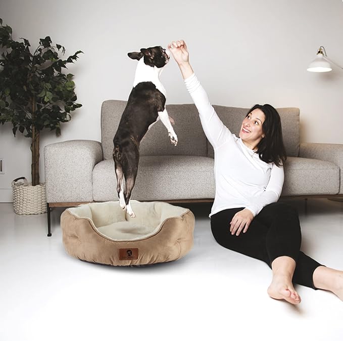 Asvin Medium Dog Bed for Medium Dogs, Cat Beds for Indoor Cats, Pet Bed for Puppy and Kitty, Extra Soft & Machine Washable with Anti-Slip & Water-Resistant Oxford Bottom, Light Brown, 25 inches-PawvioPets