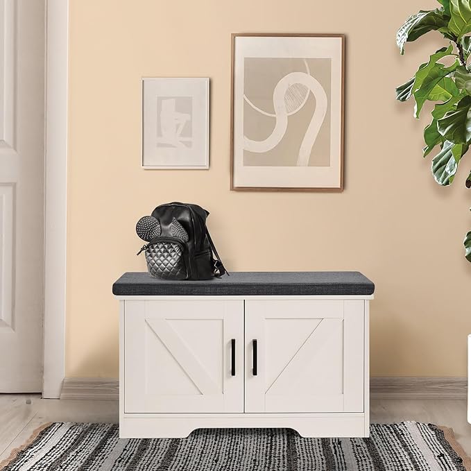 2-Tier Storage Bench, Shoe Bench with Padded Seat Cushion, Entryway Bench with 2 Barn Doors, Adjustable Shelf, 13.8" D x 27.6" W x 17.7" H, for Entryway, Living Room, Bedroom, White-PawvioPets