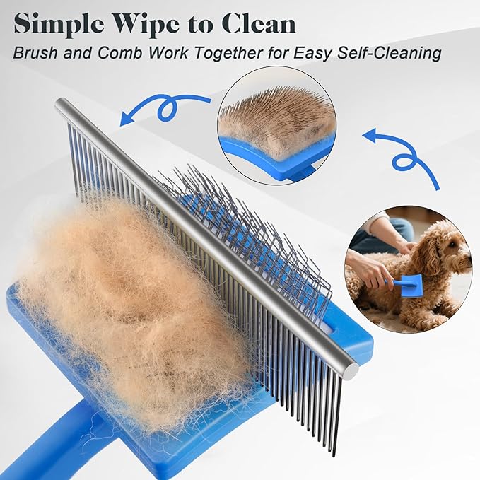 2PCS Slicker Brush for Dogs & Pet Comb,Professional Dog Grooming Brush (Goldendoodles,Poodles,Labradoodles) with Extra Long Pins to Effectively Remove Tangles, Knots and Mats (Blue)-PawvioPets
