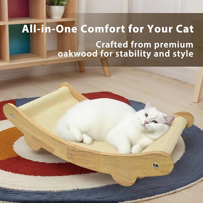 2-in-1 Sisal Cat Scratcher Bed for Indoor Large Cats – Hammock Lounge with Natural Sisal Pad, Wooden Cat Furniture for Scratching and Resting-PawvioPets