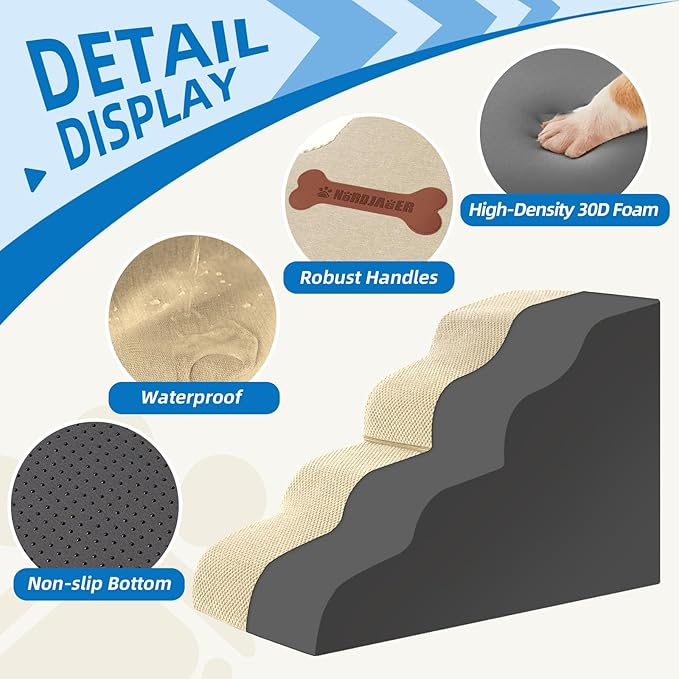 Dog Stairs 3-Step for Small Dogs and Cats to Get on Bed and Furniture/Windows, Pets Can Climb, Sit, or Perch to Look Out Windows, Extra Wide Dog Steps, Non-Slip Waterproof Fabric Cover, Beige（15.7" H）-PawvioPets