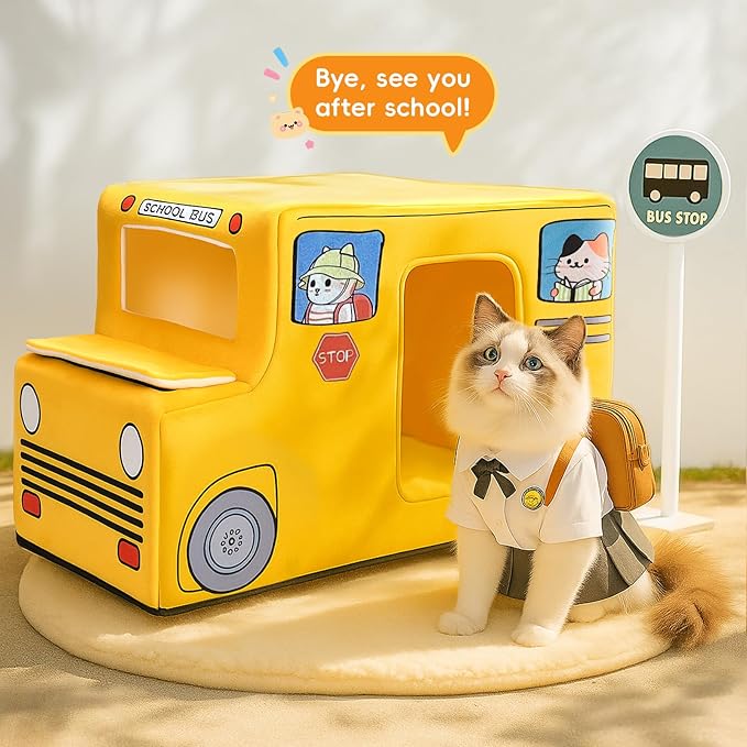 Cute Cat Beds Kitten Beds, Soft Small Dog Beds, Washable Pet Beds for Puppy and Kitty, Funny School Bus Cat Cave, 23 Inches-PawvioPets