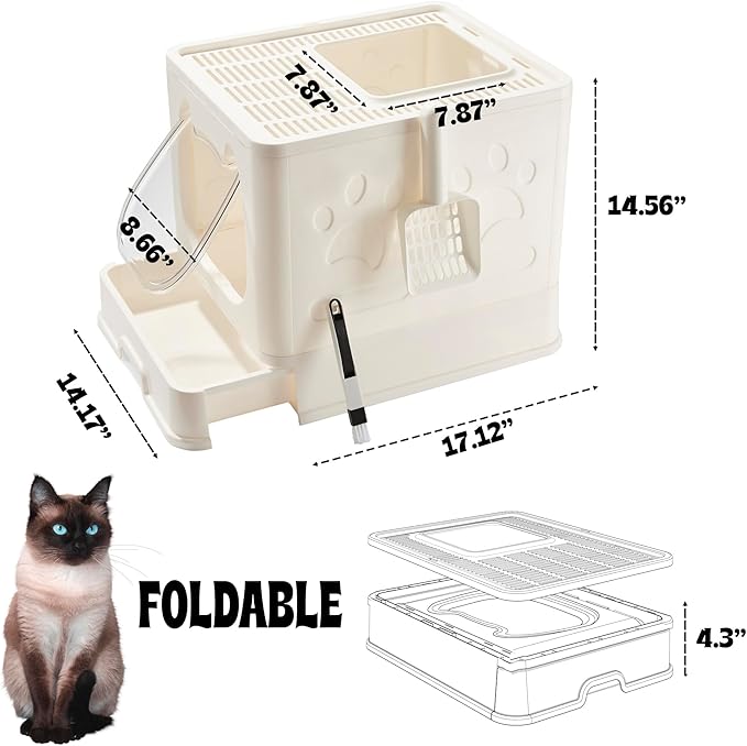 Gefryco Foldable Cat Litter Box with Lid,Covered Litter Box for Small and Medium Cats, Enclosed Cat Potty with Scoop and Brush, Top Entry Cute Kitten Litter Tray with Drawer and Top Cover(White)-PawvioPets