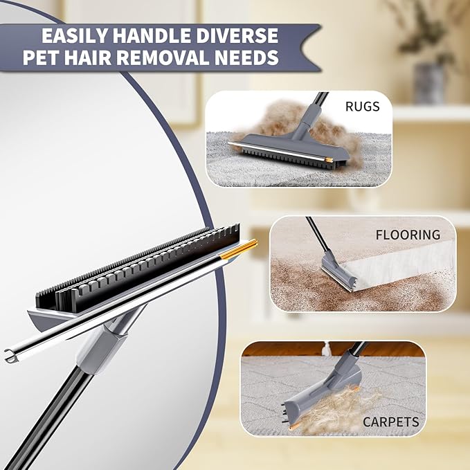 3 in 1 Carpet rake Kit for Pet Hair Removal Tool - Reusable Pet Hair Remover Broom w 58" Adjustable Long Handle, Dog & Cat Carpet Scraper, Pet Hair Remover for Rugs, Mats, Couch, Curtains(Gray)-PawvioPets