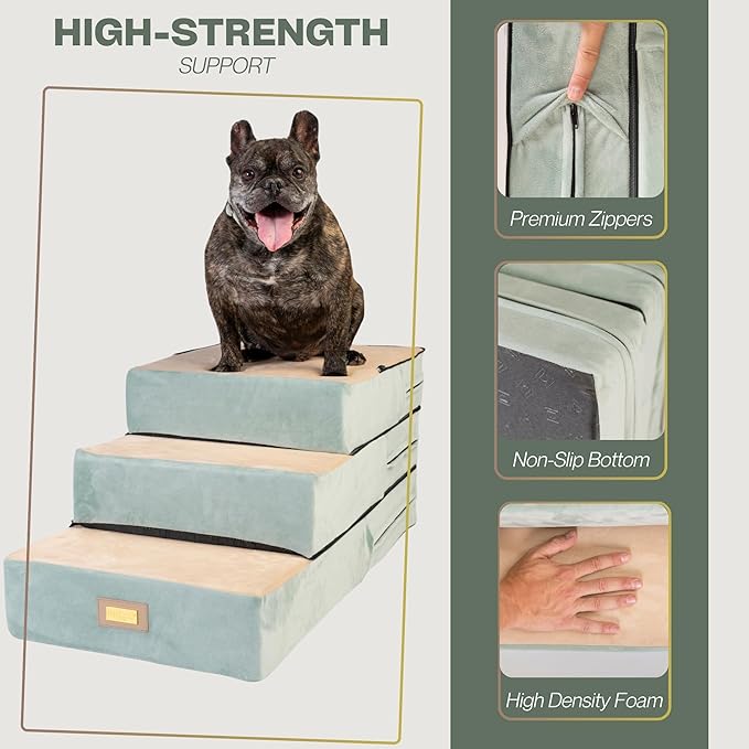 All-in-One Adjustable Dog Stairs – 5-Step Premium Pet Ramp for Small to Large Dogs – Sturdy, Non-Slip & Versatile for Beds, Sofas & More - Soft Cover, Modern Design (Green)-PawvioPets