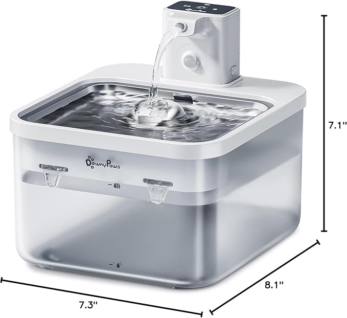 DownyPaws Battery Operated Cat Water Fountain Stainless Steel, 84oz/2.5L Fursink Wireless Pet Water Fountain for Cats Inside, Automatic Dog Water Dispenser with Faucet, Quiet Pump, BPA-Free, White-PawvioPets