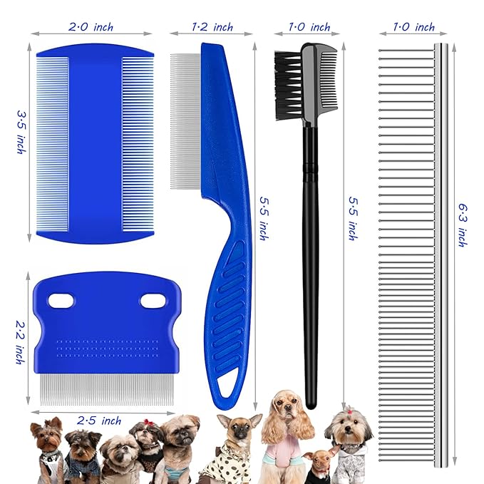 Flea Comb Lice Comb Cat & Dog Pet Grooming Combs Tear Stain Remover Remove Mucus Crust 2-in-1 Metal Round Smooth Teeth Comb Remove Floating Hair Tangles Dander (blue)-PawvioPets