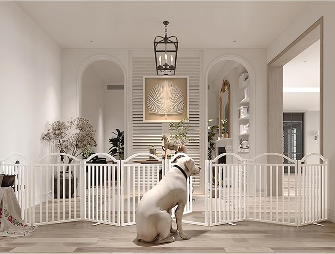 BHG Metal No-Assembly Freestanding Dog Gate with Door Walk Through, Extra Wide 96", Extra Tall 32" Pet Gate, Accordion Puppy Folding Playpen Dog Fence, with 2PCS Support (White, 8 Panels)-PawvioPets