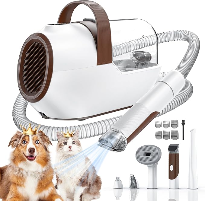 Dog Grooming Vacuum, Dog Grooming Kit with Pet Clipper Nail Grinder, 3 Suction Modes Dog Brush Vacuum with 6 Pet Grooming Tools (Coffee)-PawvioPets